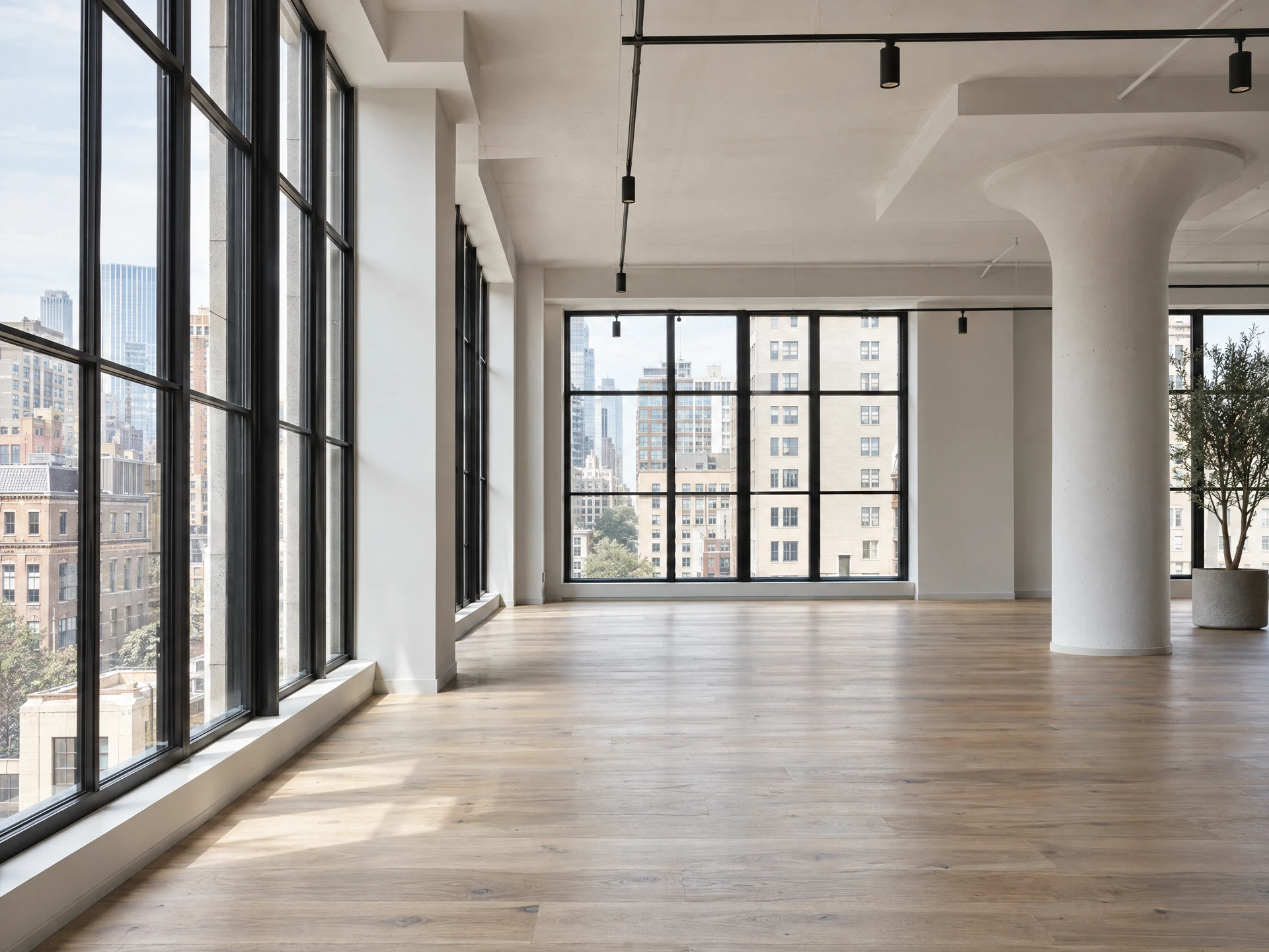 Illustrative modern interior with large architectural windows