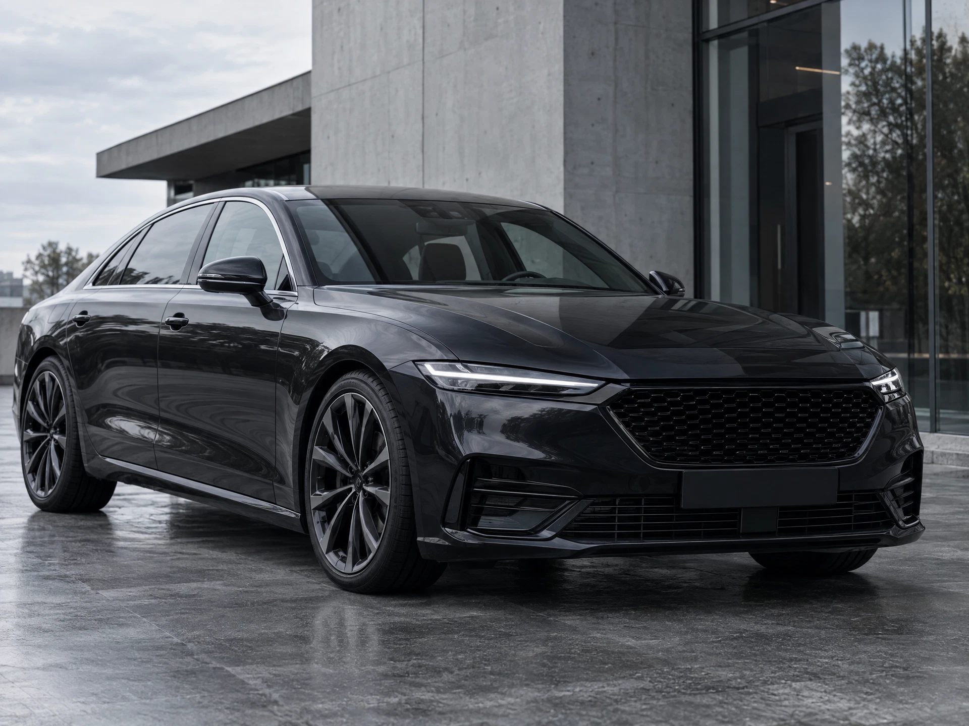 Illustrative charcoal sedan outside a modern building