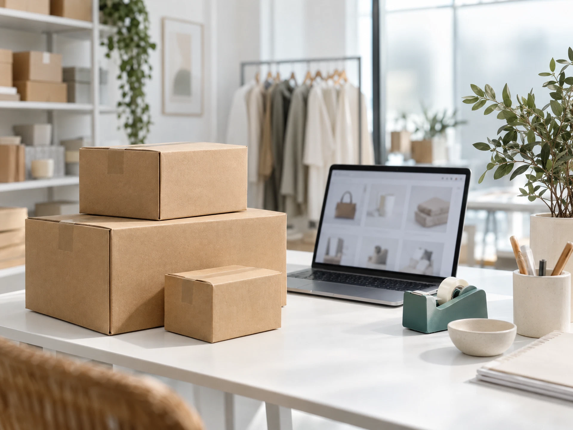 Illustrative e-commerce workspace with parcels and a laptop